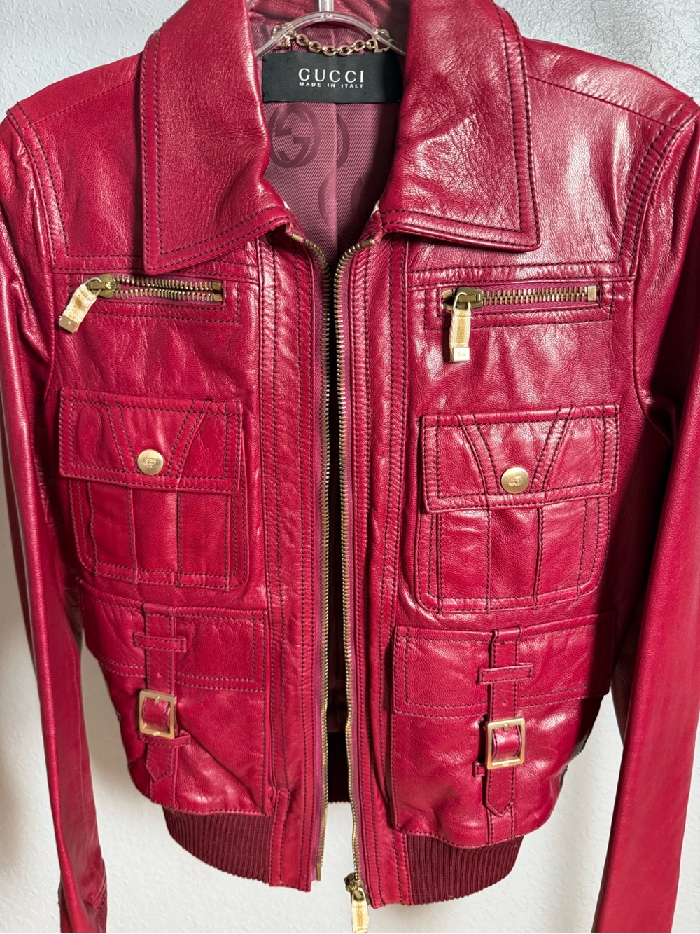 Gucci Women's Crimson Red Burgundy Leather Jacket with Gold Hardware